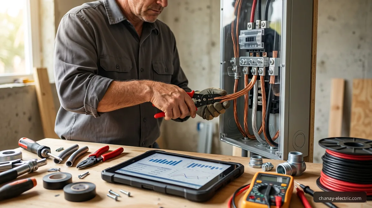 Electrician working on a residential panel with testing tools